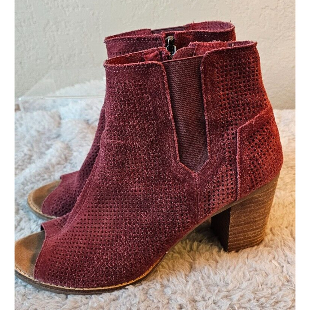 Toms Women's Majorca Peep Toe Zip-Up Booties Wine Burgundy‎ Size 8.5